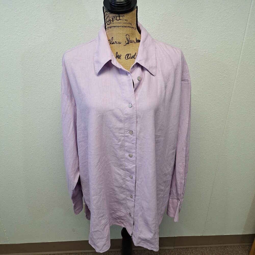 Lane Bryant Linen Top Button Up Shirt Lightweight Long Sleeve Purple Size 22/24